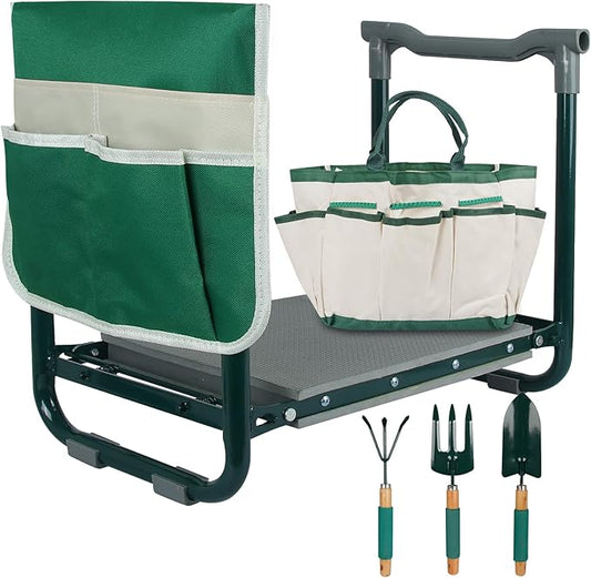 Garden Kneeler Seat Foldable Garden Stools Heavy Duty Gardening Bench for Kneeling and Sitting with Tool Pouch, Storage Bag and 3 Tools, Perfect Gardening Gifts for Parent Gardener