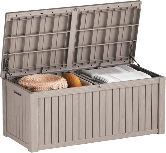 150 Gallon Outdoor Storage Box Waterproof, UV Resistant Resin Deck Box with Hydraulic Rod, Reinforced Stability for Patio, Garden, and Pool, Striped Gray