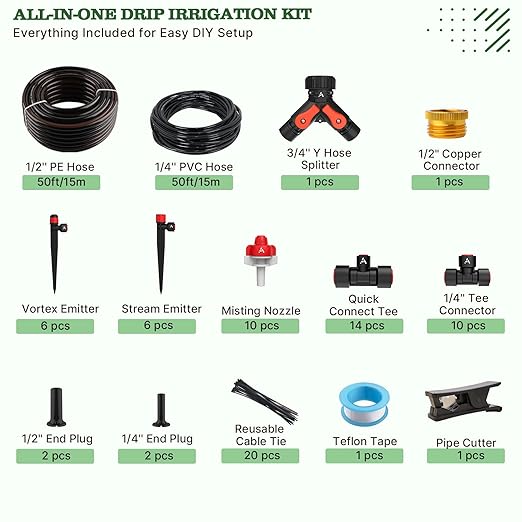 A ANLEOLIFE 100FT Drip Irrigation Kit, All-in-One Quick-Connect System with 1/2” Mainline + 1/4” Tubing, Y Splitter, 22 Adjustable Emitters & Nozzles for Raised Beds, Greenhouse, Vegetable Garden