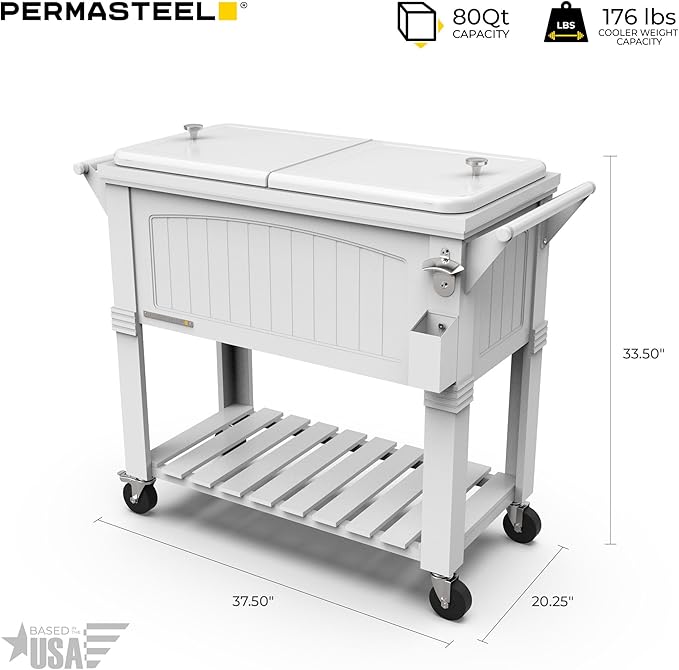 Permasteel Party Cooler with Divider, Spacious 80-Qt Capacity, Chills 36hrs, Serving Tray, Rolling Ice Chest for Indoor and Outdoor Entertainment, Matte White
