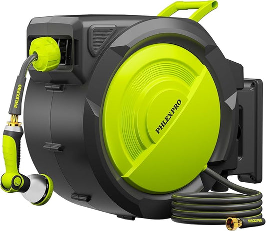 110 FT x 5/8" Retractable Garden Hose Reel - PHLEXPRO Automatic Wall Mounted Hose Reel with 3/4in Brass Fitting, 10Pattern Nozzle, Any Length Lock Slow Retraction, 180° Swivel, Heavy Duty UV Resistant