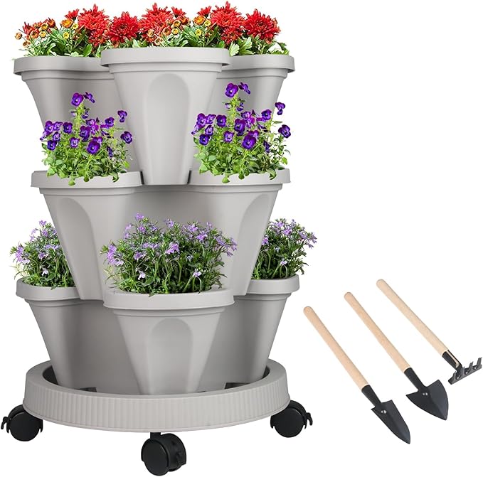 GameXcel Vertical Planter Tower- 3 Tier Stackable Garden Planter with Wheels and Tool Set – Grow Strawberries Herbs Flowers and Vegetables - Indoor Outdoor Use Gray