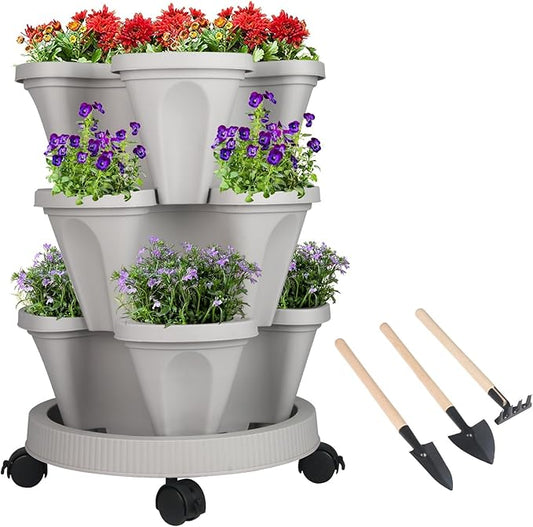 GameXcel Vertical Planter Tower- 3 Tier Stackable Garden Planter with Wheels and Tool Set – Grow Strawberries Herbs Flowers and Vegetables - Indoor Outdoor Use Gray