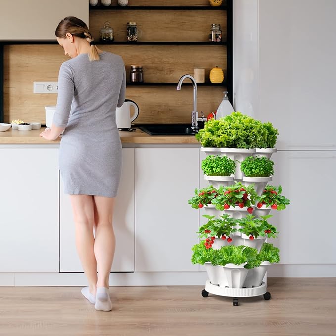 Strawberry Vertical Planter Tower Garden, 7 Tiered Stackable Planter Herb Garden Planter with Movable Casters and Bottom Saucer Indoor and Outdoor - White