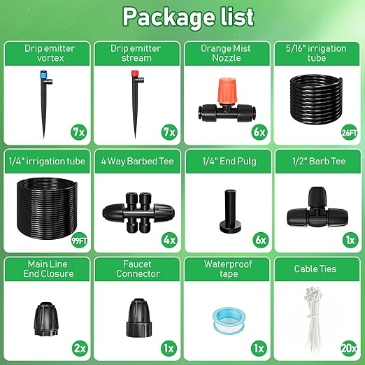 125FT Drip Irrigation System, Automatic Drip Irrigation Kit with 5/16" Main Tube & 1/4" Branch Tubing, Adjustable Drip Emitters, Garden Watering System for Flower Bed, Raised Beds, Lawn, Greenhouses