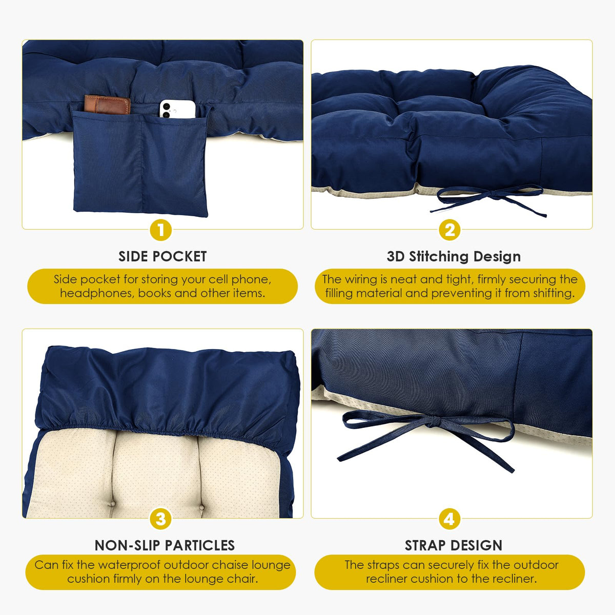 Outdoor Chaise Lounge Chair Cushion (Navy Blue / 72x22.4x4.7)