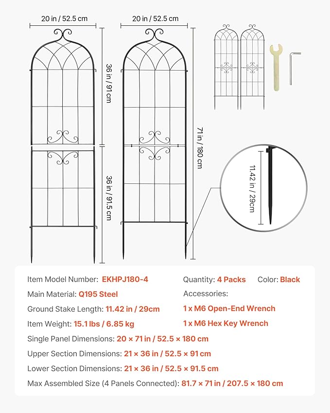 VEVOR Garden Trellis, 71 x 20 inch Rose Trellis, 4 Packs Garden Flower Rose Trellises with Powder-Coated Finish & Convenient Locking Design, Plant Support Trellises for Flowers, Vegetables, Roses