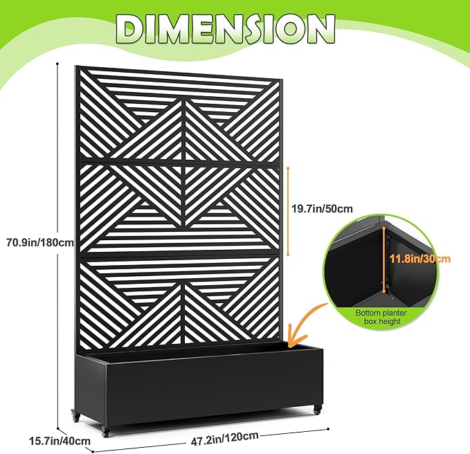15.7"×70.9"×47.2" Metal Raised Garden Bed with Trellis and Wheels - Tall Trellis Planter Box for Climbing Plants, Vegetables & Vines - Outdoor Privacy Planters for Patio (Black-Zodiac)