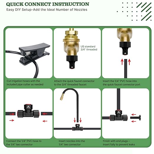 A ANLEOLIFE 50FT Drip Irrigation Kit for Patio, Potted Plants, 360° Bendable Copper Nozzles, Quick-Connect 1/4" Tubing for Container Gardens, Micro Drip with Adjustable Water Flow (Timer Not Included)