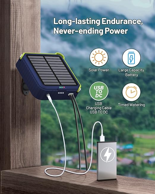 Solar Automatic Drip Irrigation System, Harness Sunshine or External Power for Indoor and Outdoor Use, Rain or Shine! Anti-Siphoning, Supports Up to 15 Potted Plants, User-Friendly Design. (Blue)