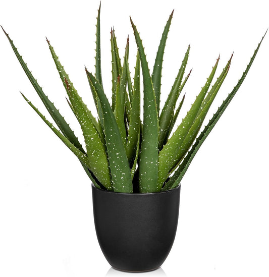 Large Fake Succulent Aloe Vera Plants 16.5 Inch Artificial Succulents with Black Pot Faux Aloe Potted Plant for Desk Modern Home Office Bedroom Living Room Table Shelf Decor