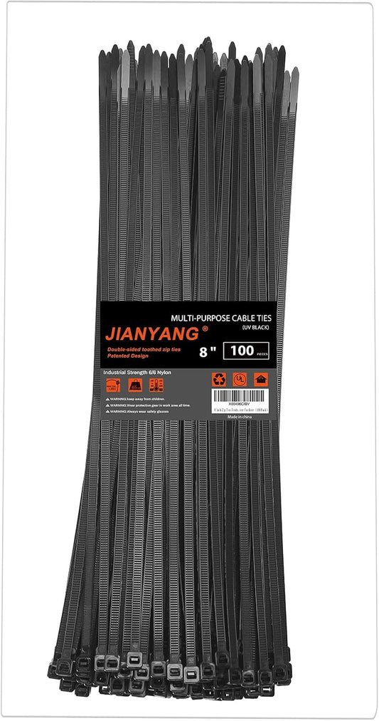 8 Inch Zip Ties Double Sided Toothed,65LBS Tensile Strength Heavy Duty Cable Wire Ties With Self-Locking Adjustable More Durable Nylon Tie Wraps for Indoor Outdoor（100 Pack）