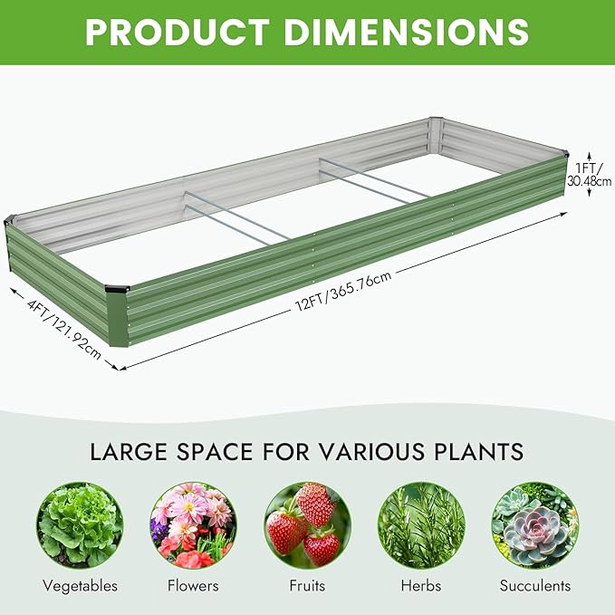 INNO STAGE Galvanized Raised Garden Bed Kits, 12x4x1ft Metal Raised Garden Beds Outdoor, Large Steel Raised Planter Bed with Gloves for Vegetables & Flowers Patio Ground Planter Box(Olive Green, 1PC)