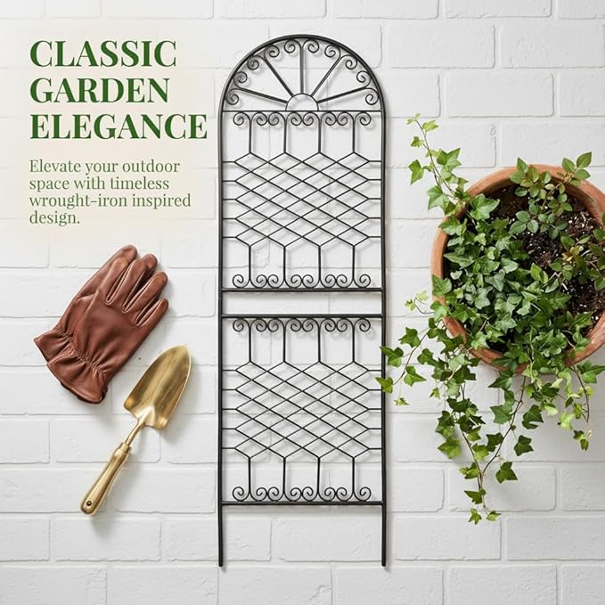 SCENDOR 82.7" H x 26.7" W Extra-Tall Decorative Metal Garden Trellis, Rustproof Iron Arched Trellis with Scrollwork for Large Climbing Plants, Ideal for Roses, Clematis, and Privacy Screens 1 Pack