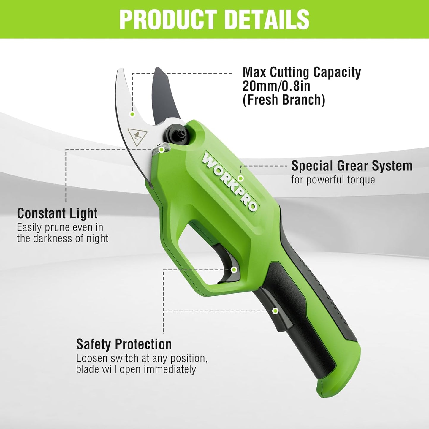 WORKPRO 7.2V Electric Pruning Shears, Battery Powered Pruning Shears, Cordless Tree Pruner, 0.8 Inch Cutting Diameter, Branch Cutter Gardening Scissors with Rechargeable Battery