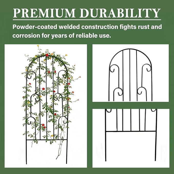 4 Pack Arched Metal Garden Trellis for Climbing Plants 45" H x 15.9" W – Rustproof Iron Trellis with Decorative Scrollwork, Metal Trellised Wire Lattices Grid Panels for Roses, Clematis, Vines