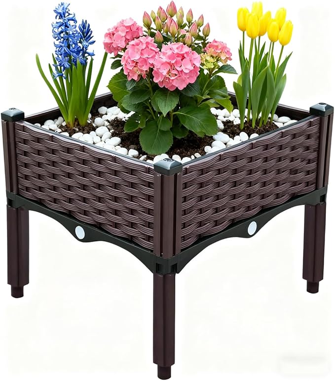 zeng Elevated Raised Garden Bed Planter with Drainage Holes – Reinforced PP Material, 15.7”x15.7”x15” for Vegetables, Flowers, Herbs – Patio, Deck, Balcony (1 Set)