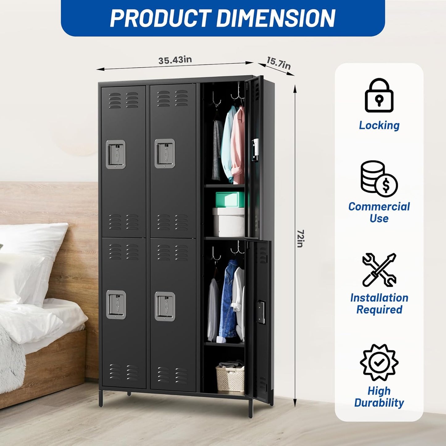 6-Door Metal Locker with Lock, 71”H Metal lockers for Employees, Multi-Use Storage Locker for Employees, School, Office, Gym, Home, Garage, Industrial - Assembly Required