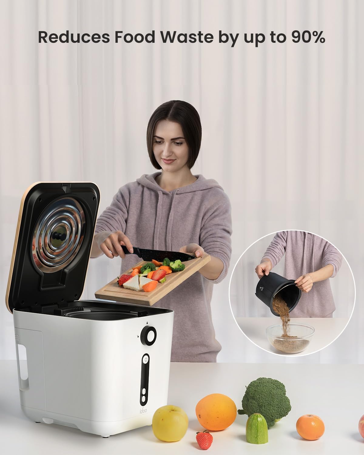 iDOO Electric Composter Kitchen, 3L Countertop Compost Bin, Odorless Compost Machine, Waste Disposal System Use for Kitchen, Garden & Outdoor, Turns Waste into Fertilizer, White