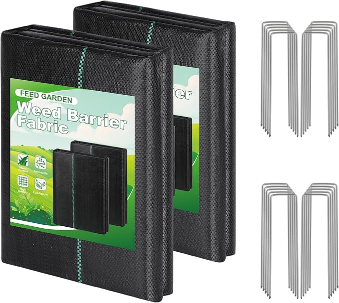 FEED GARDEN 3FT x 100FT Landscape Fabric Weed Barrier Fabric, Heavy Duty Weed Control Mat, Weed Blocker Ground Cover Geotextile Fabric for Gardening, with 20 U-Shaped Stakes (2 Pack 3x50FT)