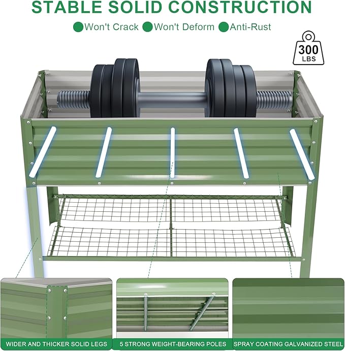 Elevated Raised Garden Bed with Legs, 48x24x32in Galvanized Planter Box Outdoor with Storage Rack & Drainage Holes, Large Metal Raised Beds for Gardening, Backyard, Patio, Balcony, Olive Green
