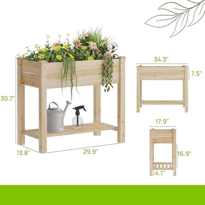 Wooden Raised Garden Bed with Legs, Wood Raised Garden Bed with Storage Shelf, 34x18x30.7in, Elevated Planter Box for Vegetables Flowers Herbs, Garden Planter for Backyard Patio Balcony (Natural, S)