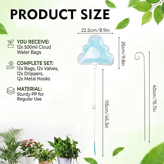 Zhengmy 12 Pcs Cloud Plant Drip Irrigation Self Watering Devices with Flow Regulator, Automatic Plant Watering System with 500ml Drip Water Bag and Support Rod Stake for Potted Indoor Outdoor Waterer