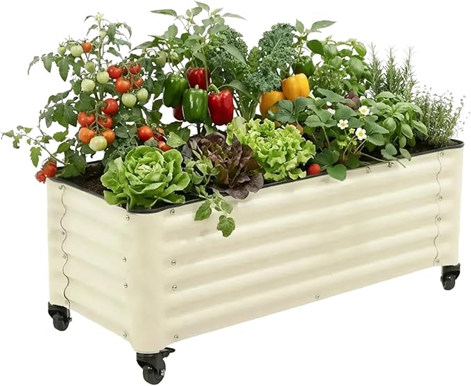 Vego garden Classic Rolling Garden Bed – 1.75' Mobile Metal Raised Garden Bed for Patio, Deck, Balcony – Deep Planting Space, Durable & Easy to Move (Pearl White, 1.75'X4')