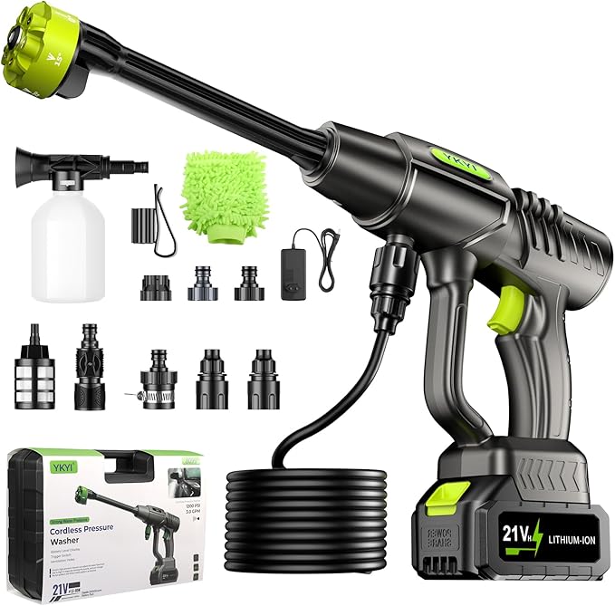 YKYI Cordless Pressure Washer Battery Powered, 30 Speed Level, 1200 PSI Portable Power Washer with 6-in-1 Nozzle, 24FT High-Elastic Hose, Handheld Pressure Washer for Car, Garden Cleaning (Gray)