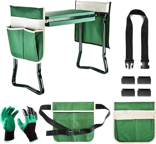 BDL Garden Kneeler and Seat, Upgraded Folding Bench Stool Portable Kneeler, Sturdy Gardening Tools with 2 Free Tool Pouch, Detachable Belt, A Pair of Garden Gloves, EVA Kneeling Pad