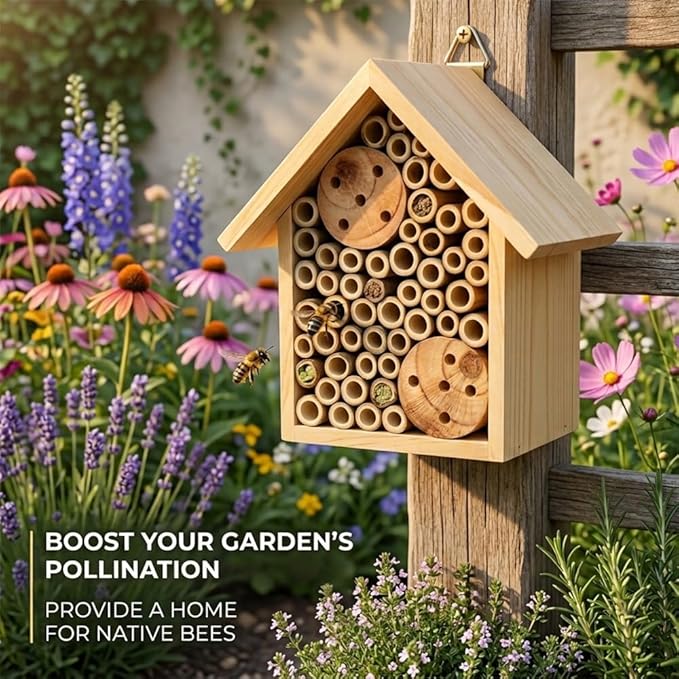 Mason Bee Houses Outdoor Wooden Bee Hotel for Garden and Yard Hand-Made Bamboo Bee Hive for Bees Butterflies and Ladybugs, Medium Size 8"x7.5"x5", Natural Finish