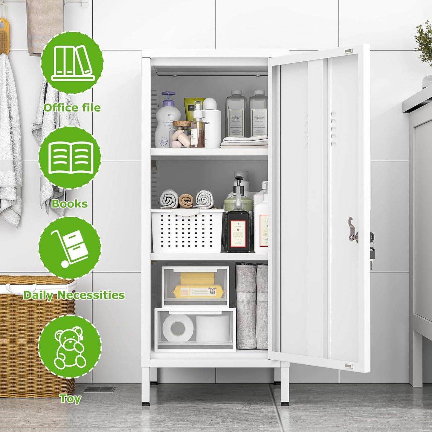 35" Metal Storage Locker, Lockable Employees Metal Locker with Door and Adjustable Shelves, Steel Locker for Home, School, Office, Gym (White)