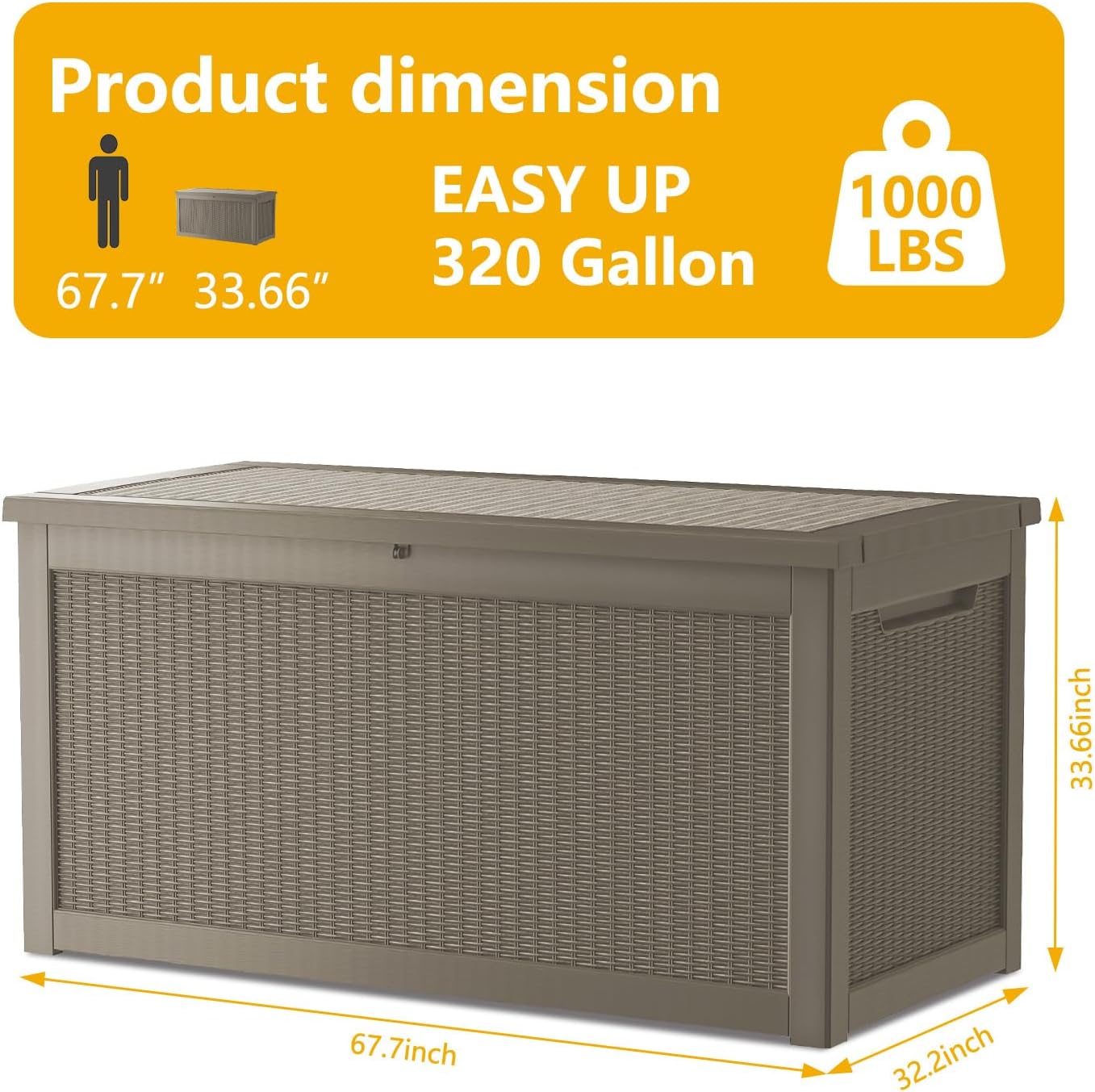 320 Gallon Deck Box, Resin Outdoor Indoor Waterproof Storage Box, Lockable Storage Box With Handle for Patio Furniture - Garden Tools - Swimming Pool Tools UV-Resistant, Brown