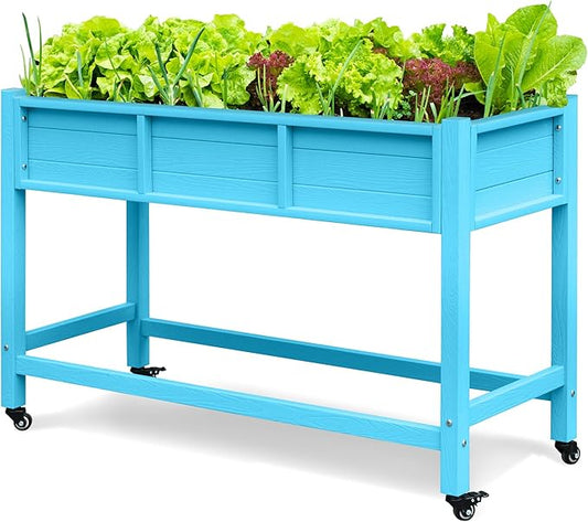 DWVO 47x18x31in Raised Garden Bed HDPE, Weather-Resistant Poly Wood Planter Box Stand, Planter Box with Legs & Lockable Wheels, Elevated Garden Bed for Backyard Patio Balcony - Aruba Blue