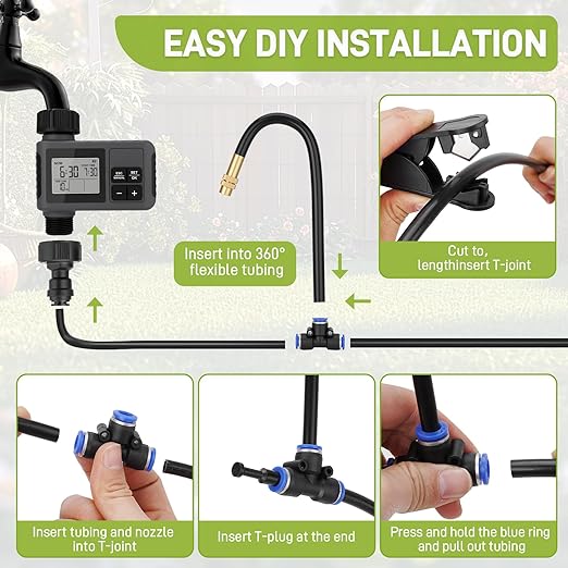 66FT Drip Irrigation Kit with Timer, Automatic Garden Watering System with Flexible 360° Bendable Hose & Adjustable Emitters, Drip Irrigation System for Greenhouse, Yard, Flower Bed, Lawn & Plants