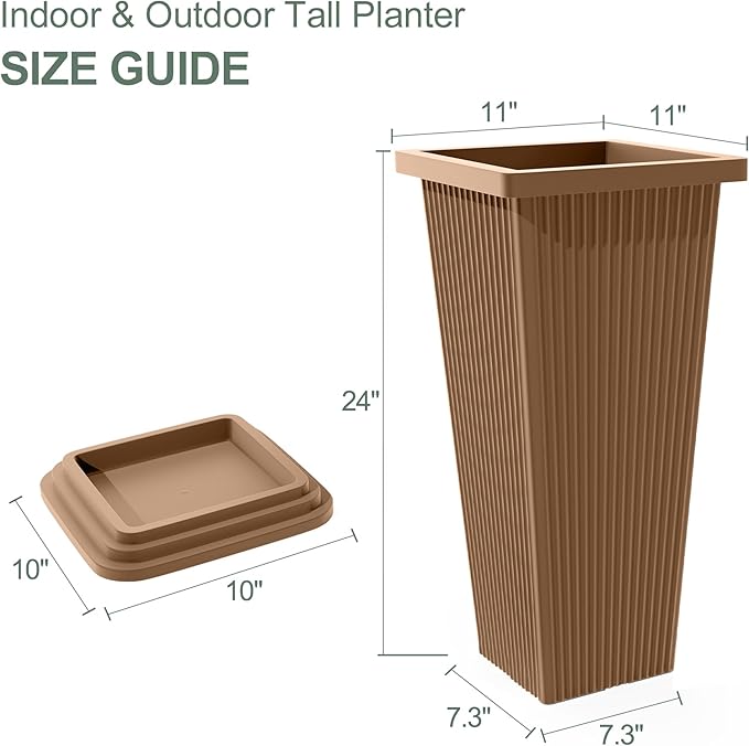 Set of 2 Large Planters for Outdoor Plants 24" Tall Tapered Modern Flower Pots with Drainage Tray for Garden, Patio, Porch (Brown Ribbed)