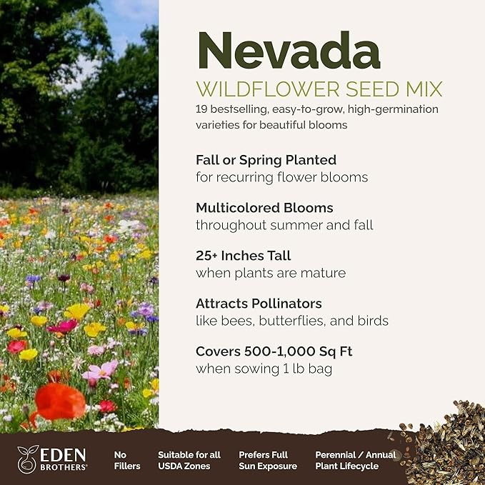 Eden Brothers Nevada Wildflower Mixed Seeds for Planting, 1 lb, 480,000+ Seeds with Yarrow, Cosmos | Attracts Pollinators, Plant in Spring or Fall, Zones