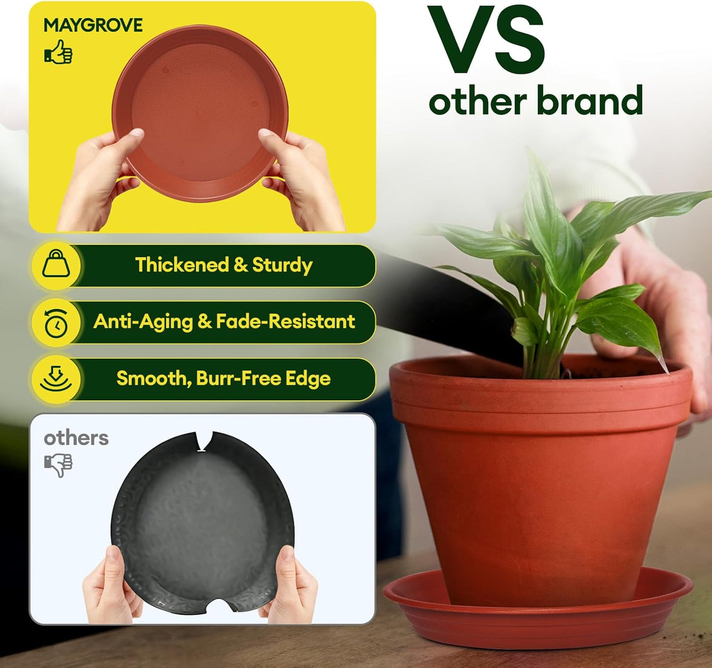 6 Pack Plant Saucer, 8 10 12 inch Plant Saucers for Indoor, Heavy Duty Plastic Plant Trays for pots, Grow Bags, Bird Baths, Flower Drip Trays for Indoor and Outdoor Uses (8", Brown)