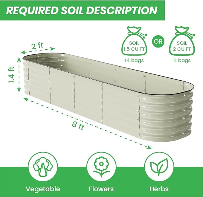 Modular Raised Garden Bed Kit 8×2×1.5FT, Magnesium-Aluminum-Zinc Steel, Rust-Proof & Tool-Free Assembly for Vegetables Herbs Flowers, Patio Backyard Urban Gardening(Beige)