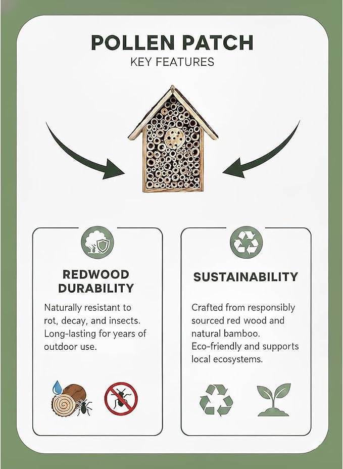Redwood Mason Bee House - Solitary Insect Hotel & Wooden Nesting Habitat | Leafcutter Bee Hive with Easy-Hang Jute Rope | Outdoor Garden Decor & Weatherproof Beneficial Bug Home for Pollinators