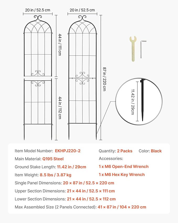 VEVOR Garden Trellis, 87 x 20 inch Rose Trellis, 2 Packs Garden Flower Rose Trellises with Powder-Coated Finish & Convenient Locking Design, Plant Support Trellises for Flowers, Vegetables, Roses