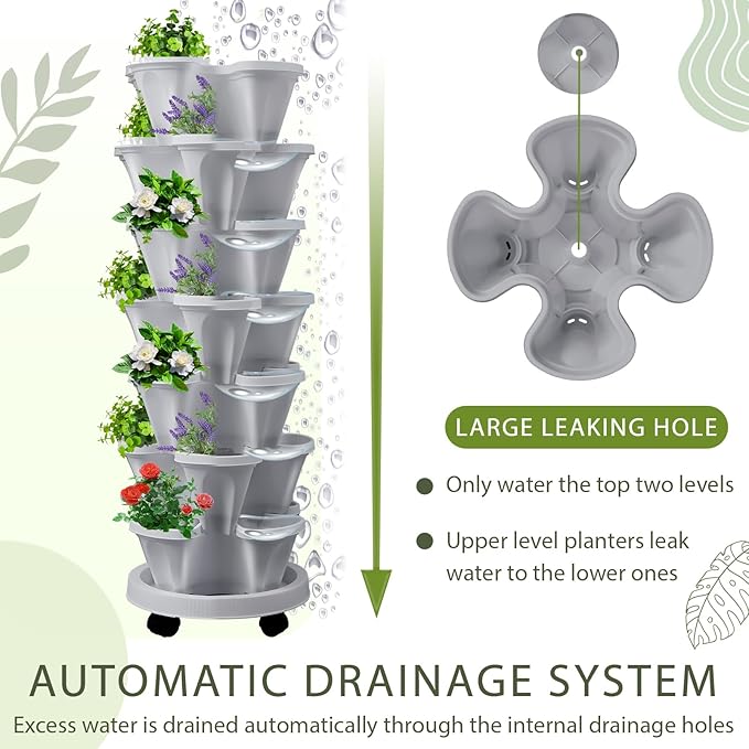 Umigy 1 Set Light Gray 7 Tier Vertical Planter Stackable Tower Planters Strawberry Herb Flower and Vegetable Pots Indoor Outdoor Gardening Pots with Removable Wheels and Tools