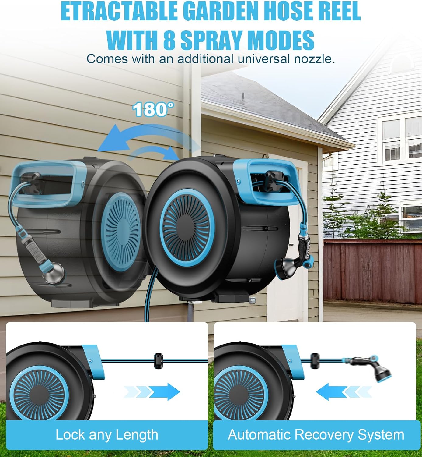 Retractable Garden Hose Reel, 65FT Portable Garden Hose with Reel, Hose Reel Wall Mount with 9-Pattern Nozzle, Automatic Rewind System, 180° Swivel Bracket, Any Length Lock (65FT)