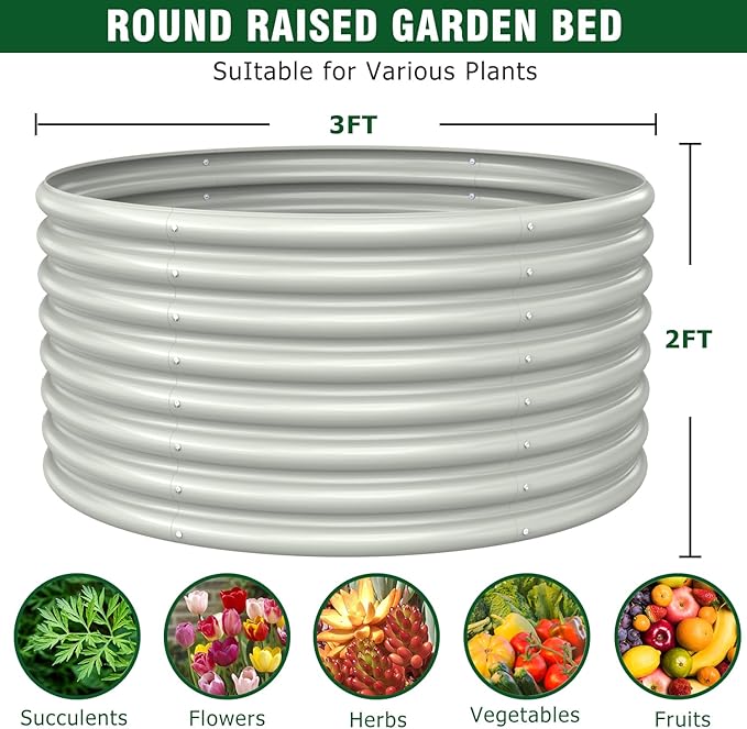 FRIZIONE Raised Garden Bed, 2-Pack 3FT(D) x2FT(H) Round Outdoor Planter Box for Flower, Herb, Vegetable - White