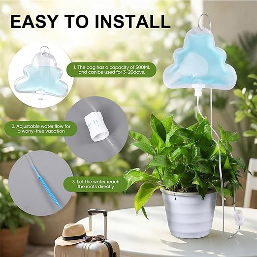 Zhengmy 12 Pcs Cloud Plant Drip Irrigation Self Watering Devices with Flow Regulator, Automatic Plant Watering System with 500ml Drip Water Bag and Support Rod Stake for Potted Indoor Outdoor Waterer