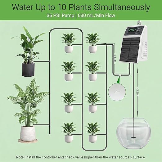 Automatic Solar drip Irrigation System (Solar/USB-C Dual Power), DIY Solar Watering System with Programmable Timer for 15 Potted Plants, IPX5 Auto Watering Kit for Indoor, Balcony, Garden & Vacation