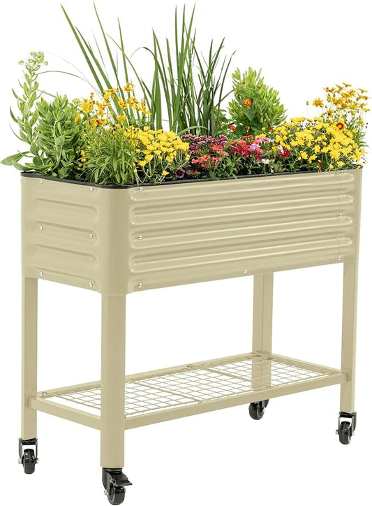Rolling Elevated Raised Garden Bed - Slim Series, 1.5' x 3.5' Outdoor Planters Boxes with Legs & Storage Rack for Patio, 500 Lbs Weight Capacity, Raised Beds for Gardening Herbs Flowers, Pearl White