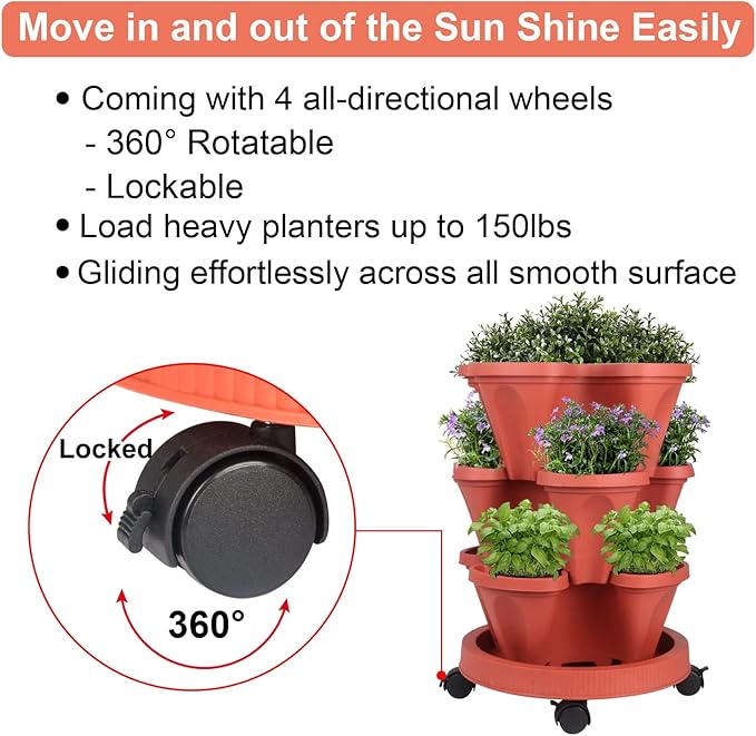 GameXcel Vertical Planter Tower- 3 Tier Stackable Garden Planter with Wheels and Tool Set – Grow Strawberries Herbs Flowers and Vegetables - Indoor Outdoor Use Red