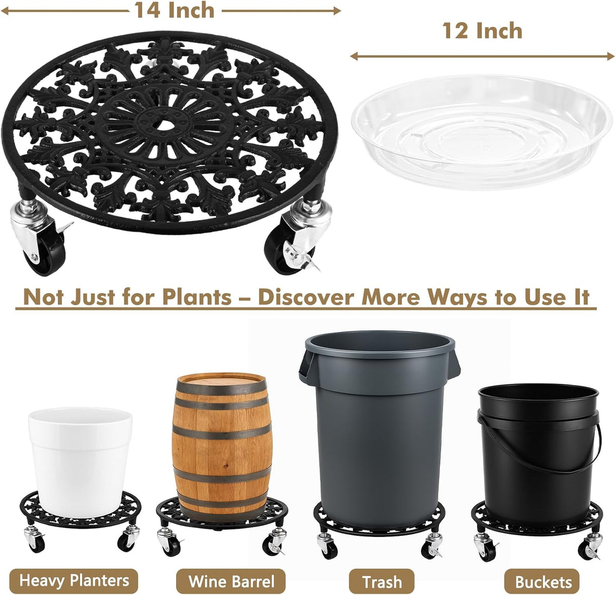 2 Pack Plant Caddy with Wheels 14 Inch Rolling Plant Stand for Large Plants Heavy Duty Plant Rollers Metal Plant Dolly Rustproof Planter Stand Wrought Iron Plant Stands Flower Cart Indoor Outdoor
