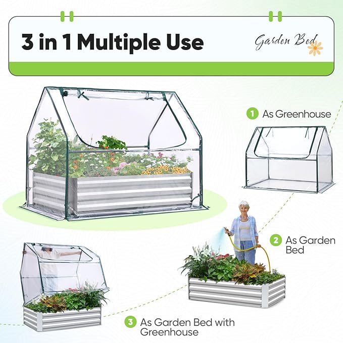 Quictent Raised Garden Bed with Cover Outdoor Galvanized Steel Planter Box Kit with Greenhouse Large Zipper Window Dual Use, 20pcs T-Type Tags & 1 Pair of Gloves Included 4x2.5x1 FT, Clear
